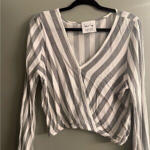 Sadie & Sage Gray and White Striped Wrap Blouse